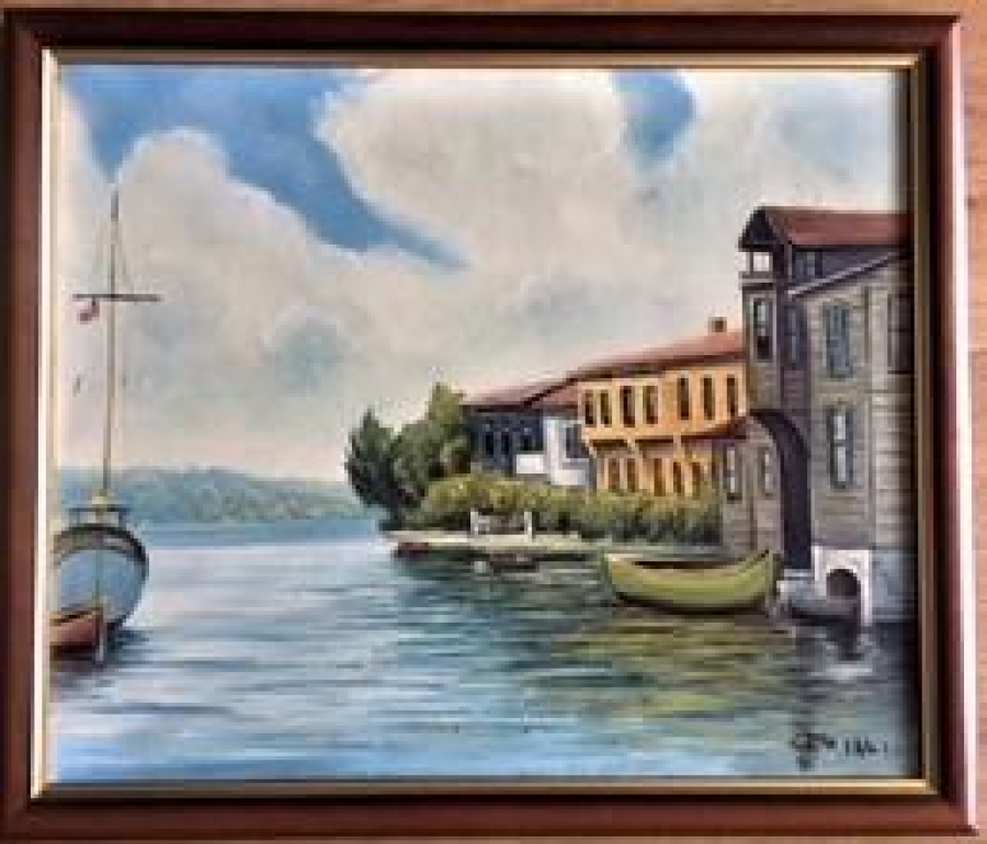 TUAL ÜZERİ DENİZ BOĞAZDA YALI YAĞLI BOYA CENK ŞALLI İMZALI 