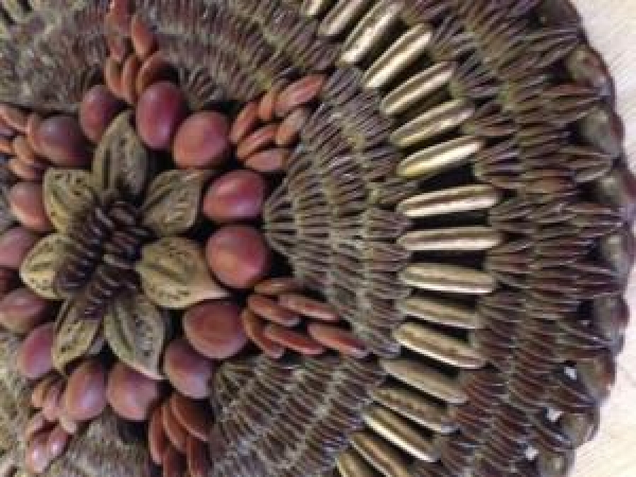 BİTKİ VE MEYVE ÇEKİRDEK VE TOHUMLARINDAN YAPILMIŞ TROPİKAL EL YAPIM CANTA  TAŞINABİLİR DEKORATIF KAHVERENGİ VE KREM TONLARDA KOLEKSİYON ÇANTA 