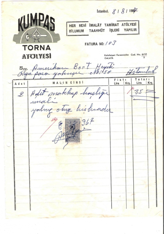 1967  İSTANBULDA KUMPAS TORNA KESİLMİŞ 35 LİRALIK FATURA
