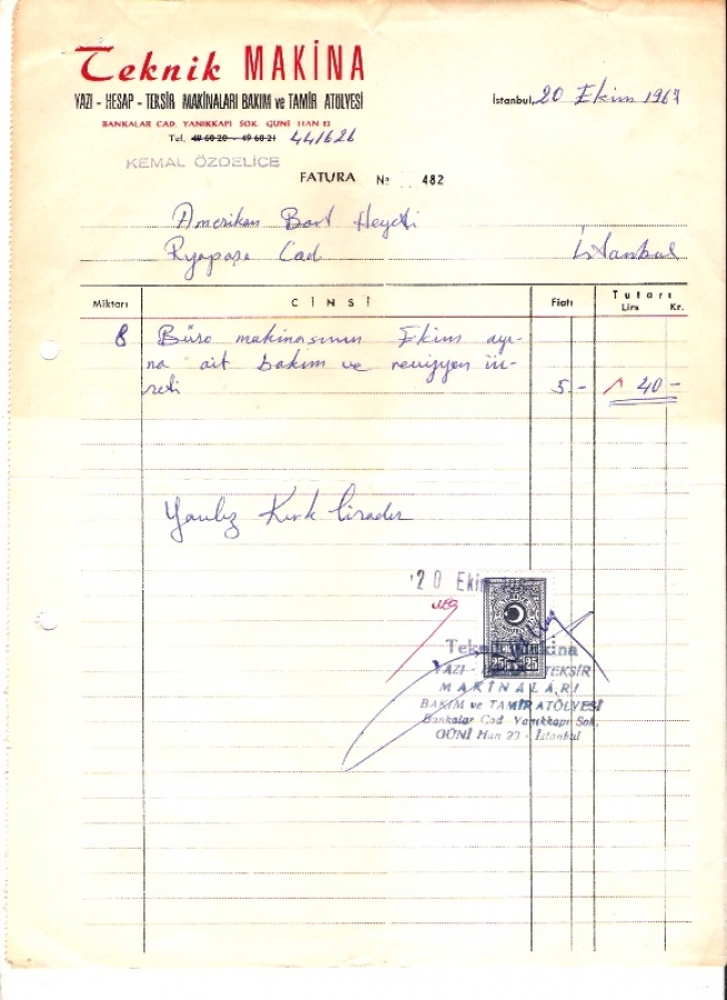  1967 İSTANBULDA TEKNİK MAKİNA KESİLMİŞ 40 LİRALIK FATURA