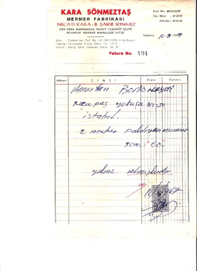 1967 İSTANBULDA KARA MERMERTAŞ MERMERCİ KESİLMİŞ 60 LİRALIK  FATURA
