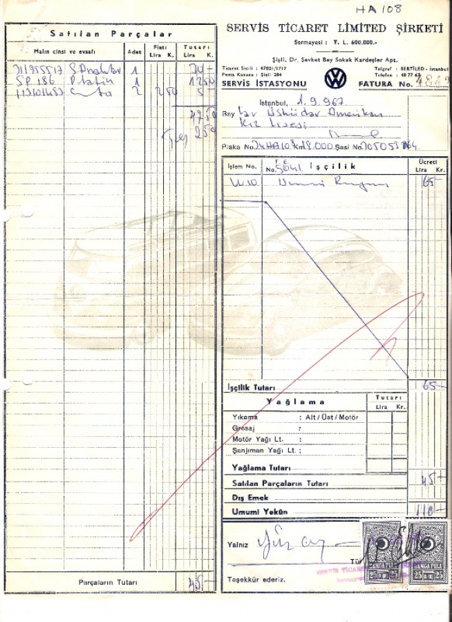 1967 İSTANBULDA VOLKSWAGEN  SERVİS KESİLMİŞ 110 LİRALIK TAMİR ONARIM FATURASI