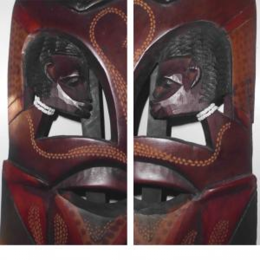 AFRİKA TEMALI AHŞAP EL YAPIMI MASK DÖRT  FAKLI YERLERE BAKAN KAFA BULUNDUGU YERİ KÖTULUKLERDEN KORUYAN MASK