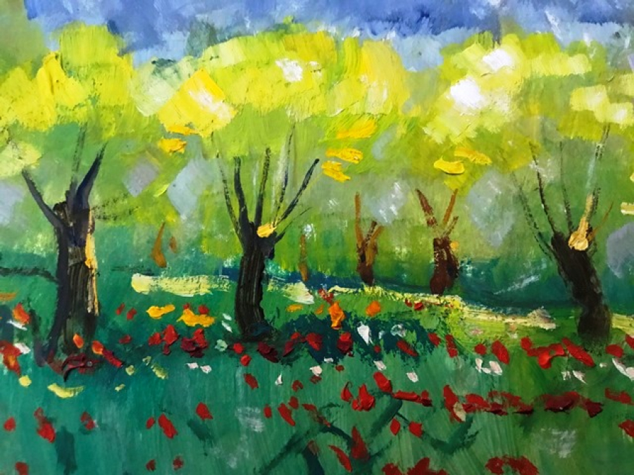 YAĞLI BOYA YAYLADA GELİNCİKLER SANATÇI RESSAM TEYMUR AĞALIOĞLU 2009 İMZALI DURALIT ÜZERİNE CALIŞMASI