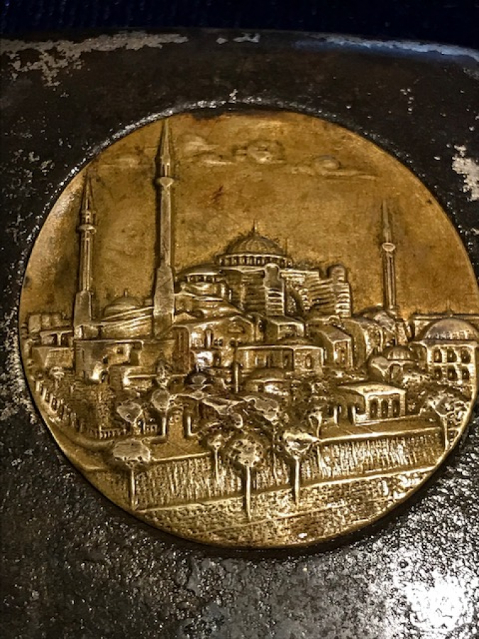 OSMANLI DÖNEMİ GALVANİZ KASA ÜZERİ AYASOFYA CAMİİ TEMALI ASKER İŞİ TÜTÜN CİGARA TABAKASI