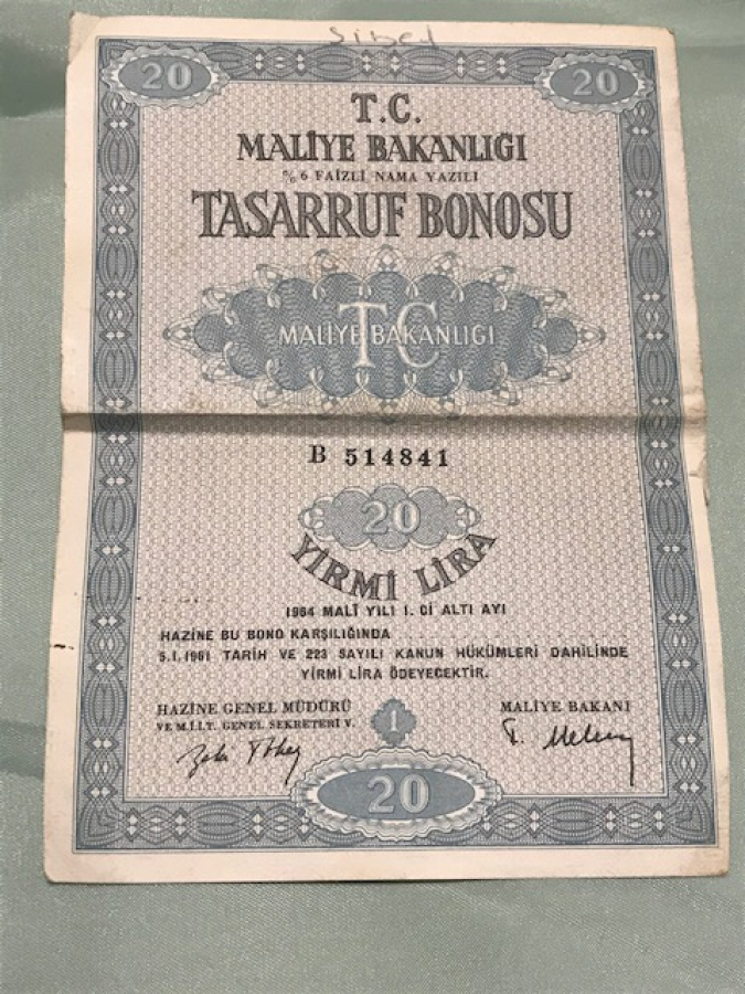 MALİYE BAKANLIGI %6 FAİZLI NAMA YAZILI TASARRUF BONOSU 20 LİRA 1964 MALİ YILI 
