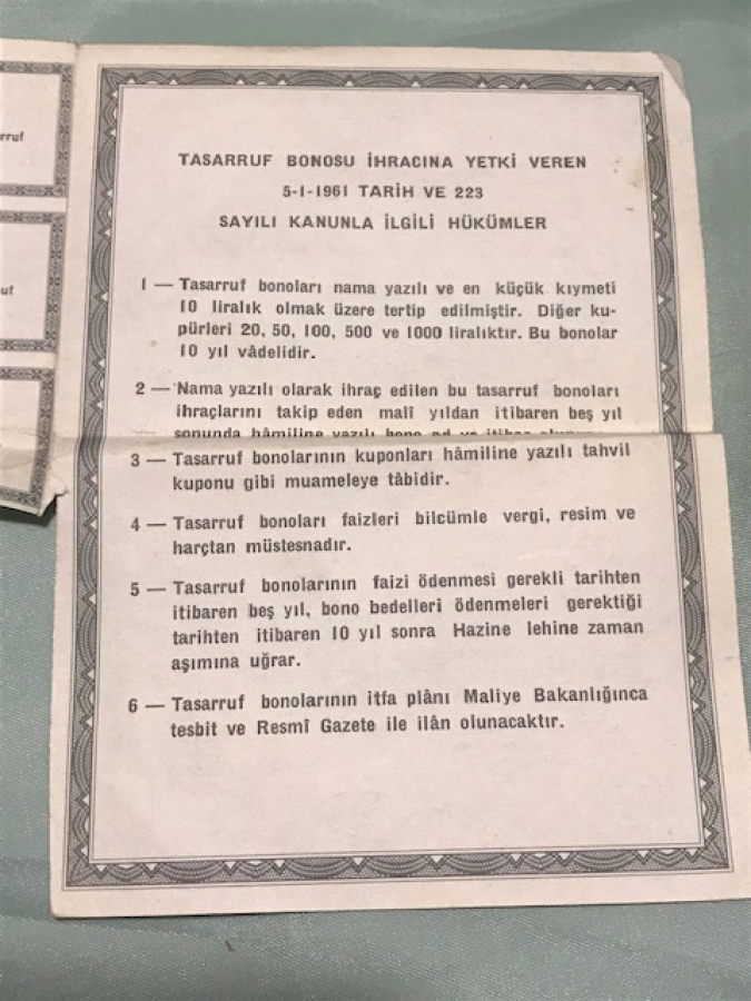 MALİYE BAKANLIGI %6 FAİZLI NAMA YAZILI TASARRUF BONOSU 20 LİRA 1964 MALİ YILI 