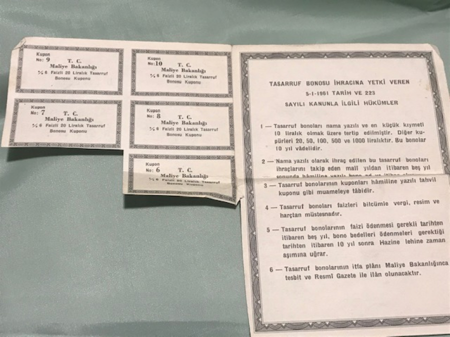 MALİYE BAKANLIGI %6 FAİZLI NAMA YAZILI TASARRUF BONOSU 20 LİRA 1964 MALİ YILI 