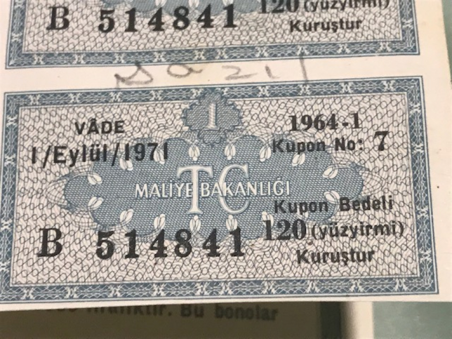 MALİYE BAKANLIGI %6 FAİZLI NAMA YAZILI TASARRUF BONOSU 20 LİRA 1964 MALİ YILI 
