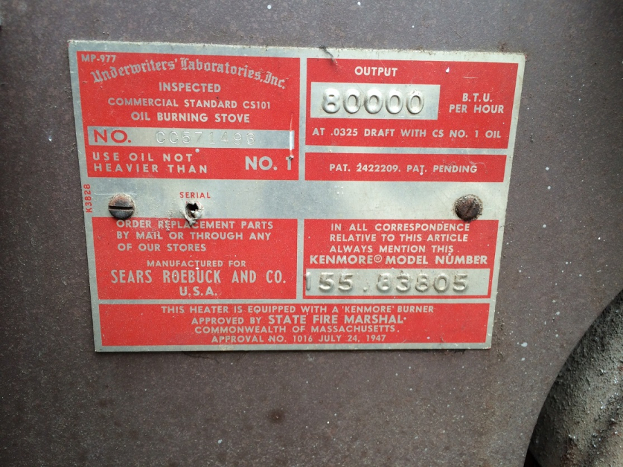 1947 KENMORE UNDERWRİTERS LABORATORİES INC COMMERCIAL STANDARD CS 101 OİL BURNING STOVE AMERİKAN İÇİ CİFT SOBALI KARBURATÖRLU SOBA