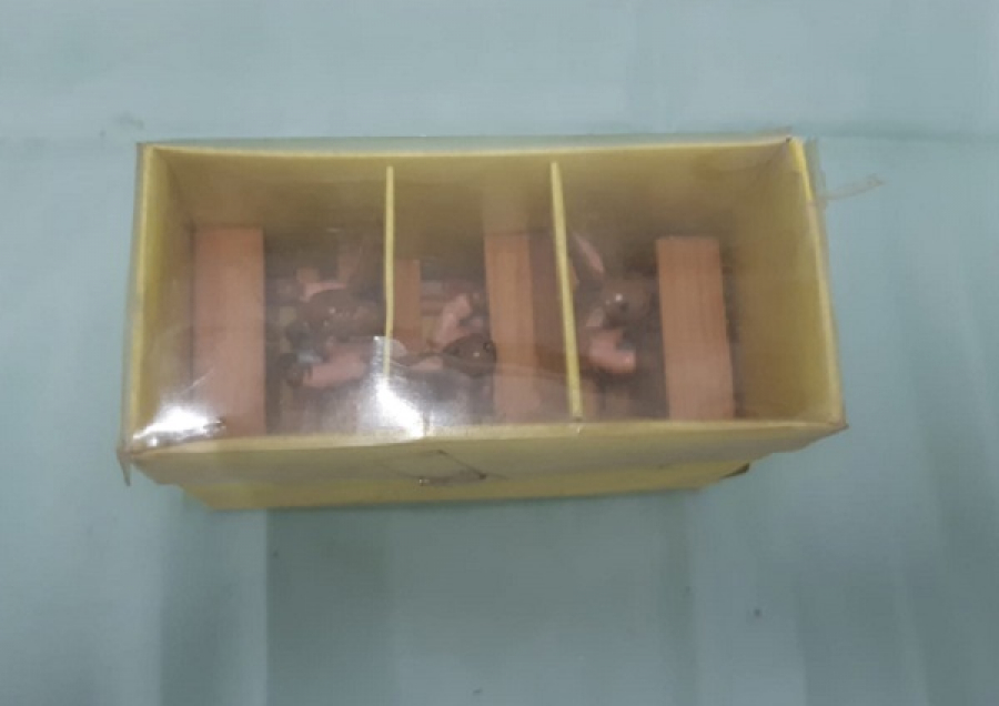 AHŞAP OKUL SIRASINDA OTURAN TAVŞAN KUTUSUNDA 3 ADET