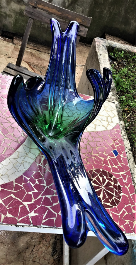 İTALYAN MURANO PARLEMENT MAVİSİ SU YEŞİLİ TONLARDA YUMUŞAK RENK GECİŞLERİ OLAN MEYVALIK