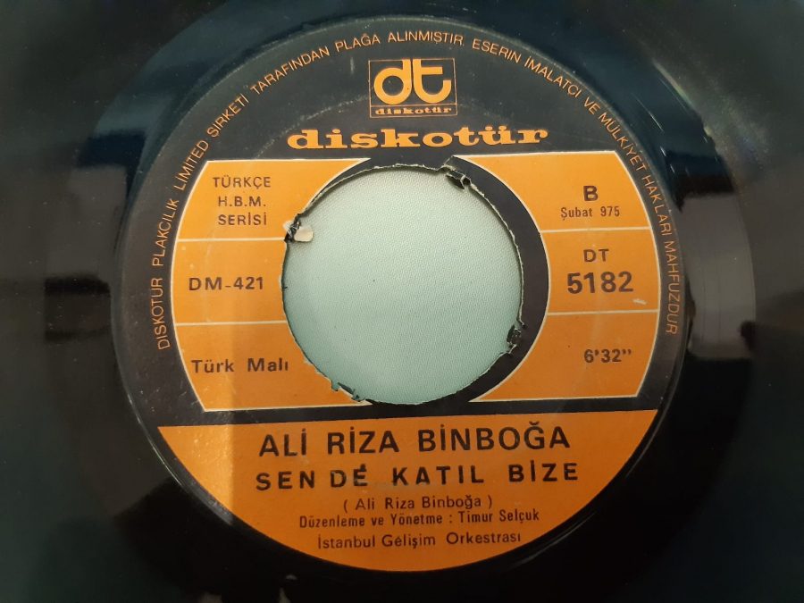 DİSKOTÜR PLAK ALİ RİZA BİNBOĞA YARIN , SENDE KATIL BİZE 45 LİK YERLİ PLAK 