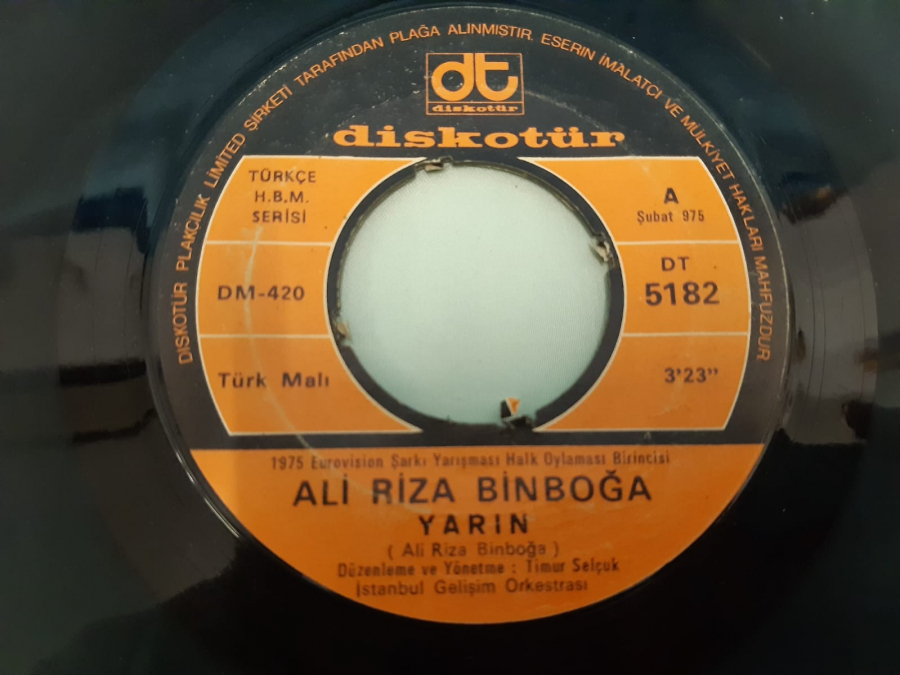 DİSKOTÜR PLAK ALİ RİZA BİNBOĞA YARIN , SENDE KATIL BİZE 45 LİK YERLİ PLAK 