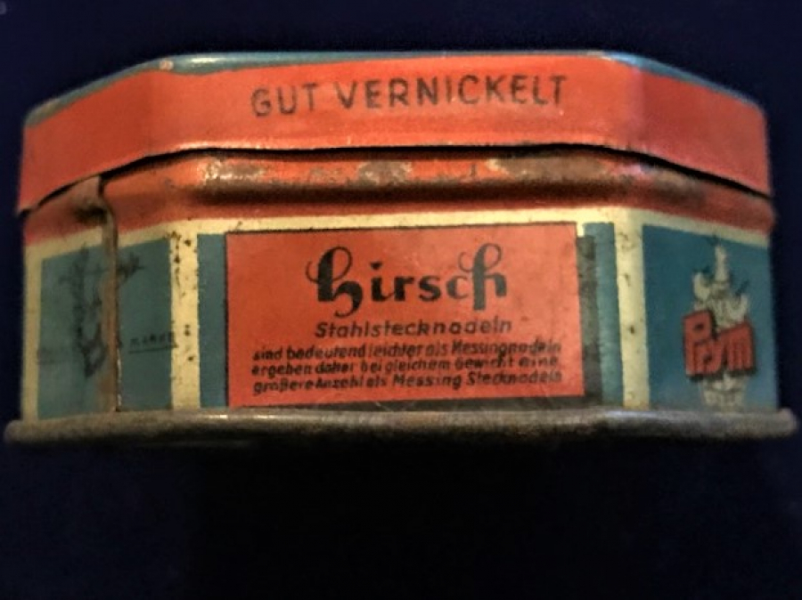 TENEKE KAPAKLI ALTI KÖŞELİ CELİK PİM İGNE KUTUSU HIRSCH STAHL-STECKNADELN 