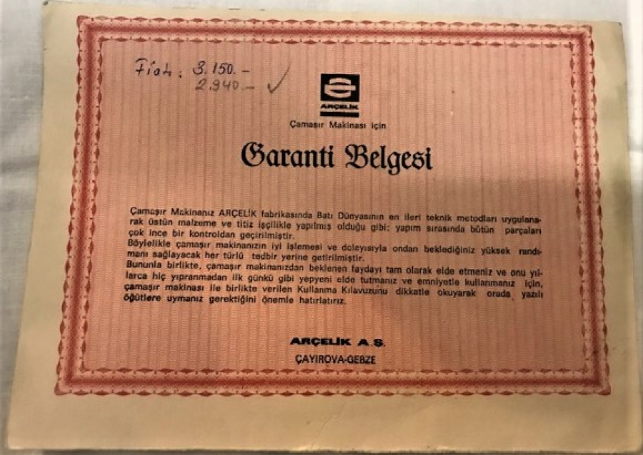 ARCELİK CAMAŞIR MAKİNESİ GARANTİ BELGESİ