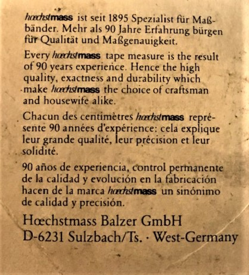 HOECHSTMASS ALMAM MEZURA ANBALAJINDA 1970