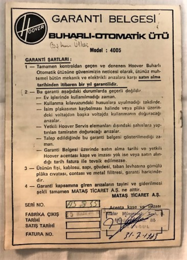 HOOVER BUHARLI OTOMATİK ÜTÜ GARANTİ BELGESİ VE ATALAR ÖDEME EVRAKLARI