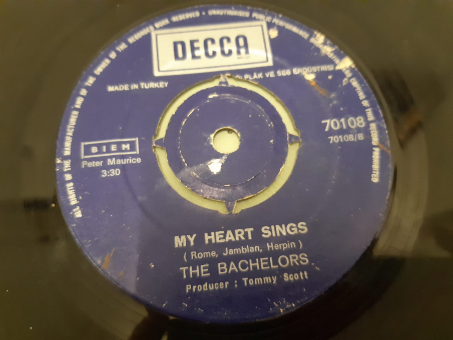 DECCA PLAK THE BACHELORS MY HEART SINGS THE SOUND OF SILENCE 45 LİK YERLİ PLAK 