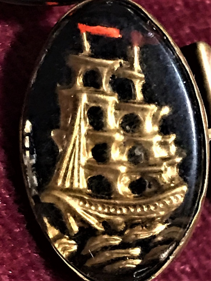  CİFT BAYRAKLI YELKENLİ TEMALI İNGİLİZ KIRALIYET AİLESİ ARMALI YELKENLİ GEMİ ALTIN KAPLAMA CİFT MANŞET  KOL DÜGMESİ