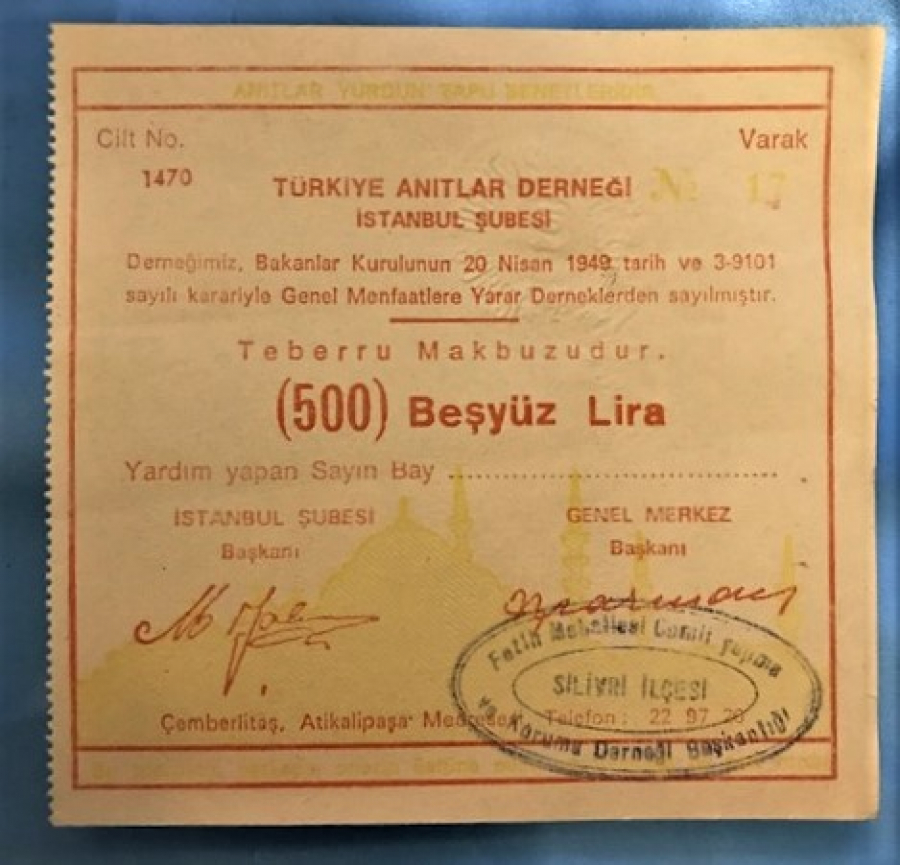 TÜRKİYE ANITLAR DERNEGİ İSTANBUL ŞÜBESİ 500 LİRA 