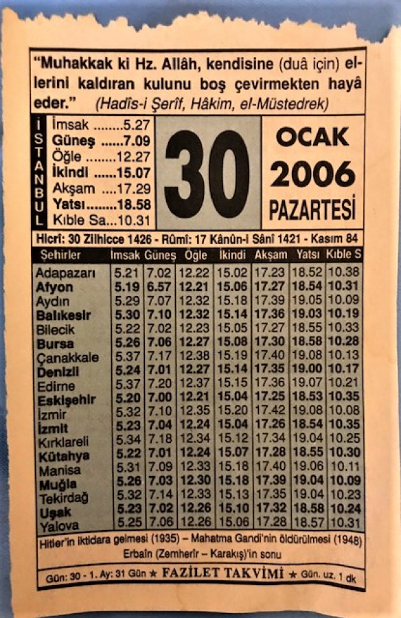 30 OCAK  2006 PAZARTESİ GÜNÜNE AİT TAKVİM YAPRAGI