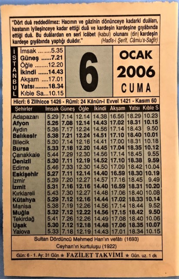 6 OCAK  2006 CUMA GÜNÜNE AİT TAKVİM YAPRAGI