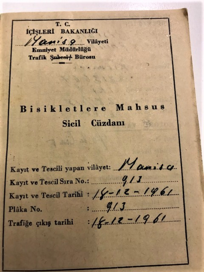 1961 BİSİKLETLERE MAHSUS SİCİL CÜZDANI MANİSA TRAFİK BÜROSU