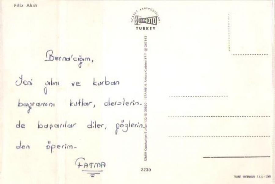 FİLİZ AKIN SANATCI  RENKLİ KARTPOSTAL ARKASI YAZILMIŞ 10X15 CM ÖLCÜLERDE