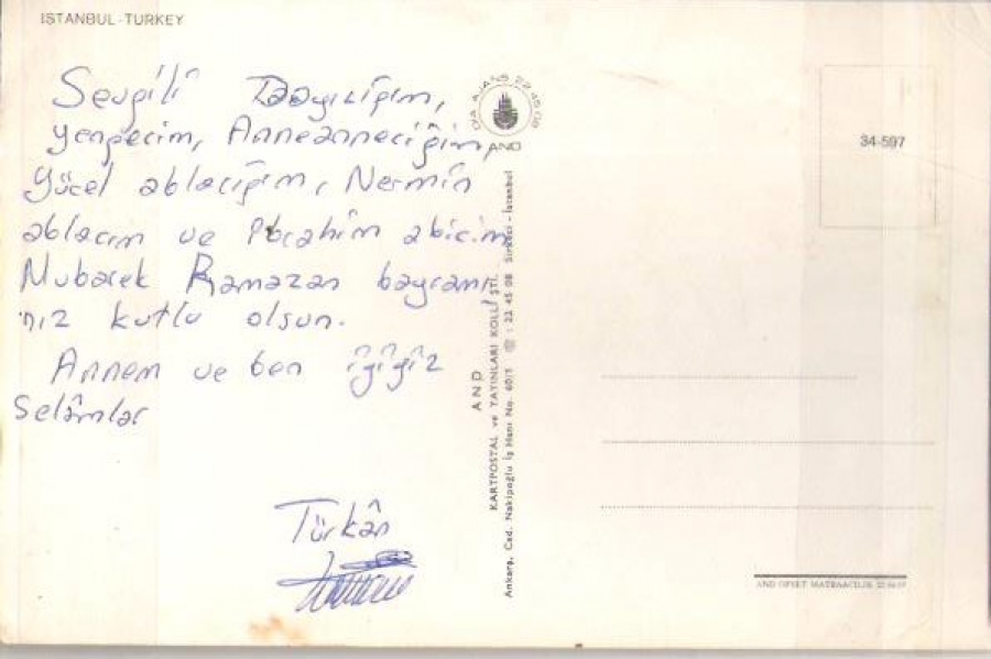 TÜRKAN ŞORAY RENKLİ KARTPOSTAL ARKASI YAZILI 15 X 10 CM
