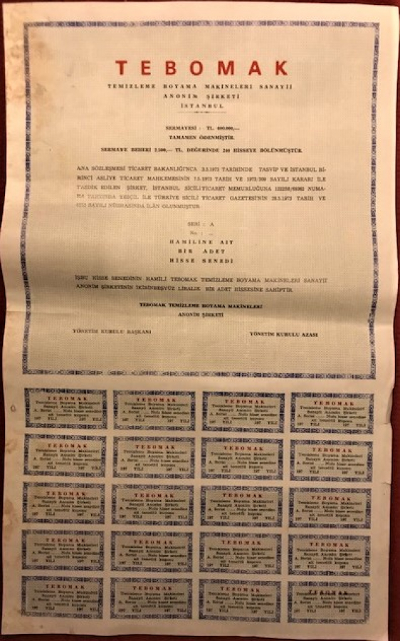 TEBOMAK  HAMİLİNE AİT BİR ADET HİSSE SENEDİ  2500 TL DEGERİNDE