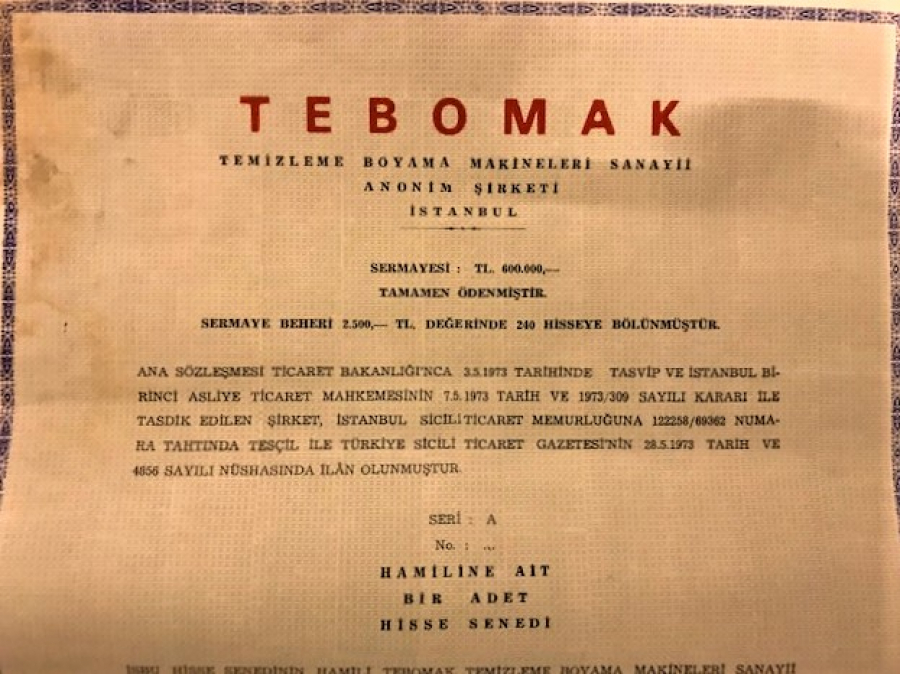 TEBOMAK  HAMİLİNE AİT BİR ADET HİSSE SENEDİ  2500 TL DEGERİNDE