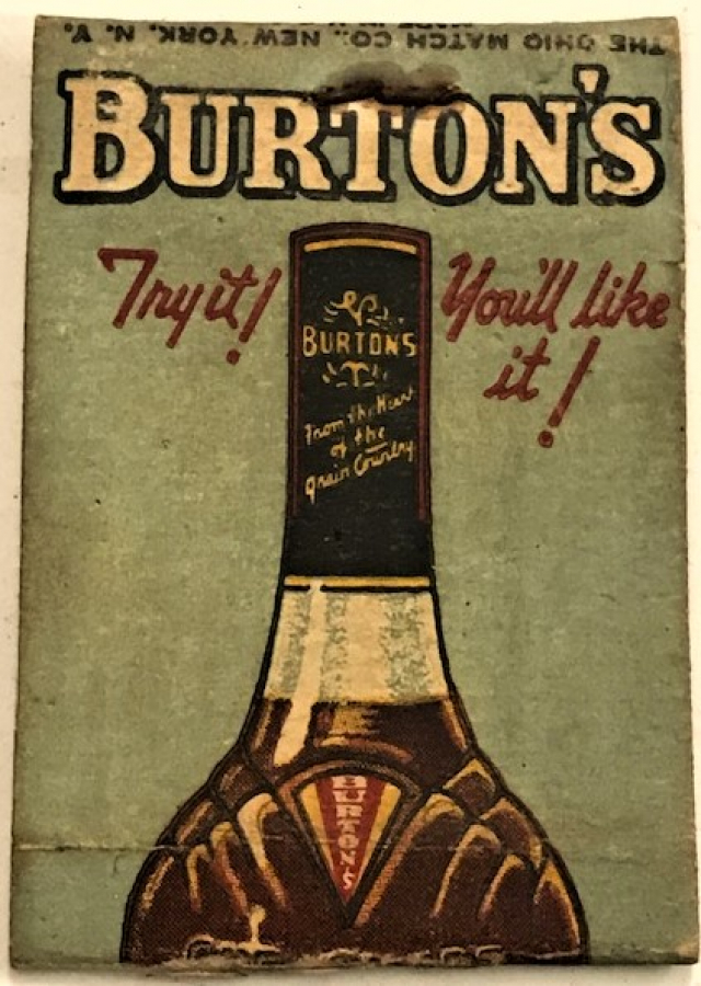 1940 AMERİKAN BURTONS BLENDED WHISKEY REKLAMLI KARTON KİBRİT 