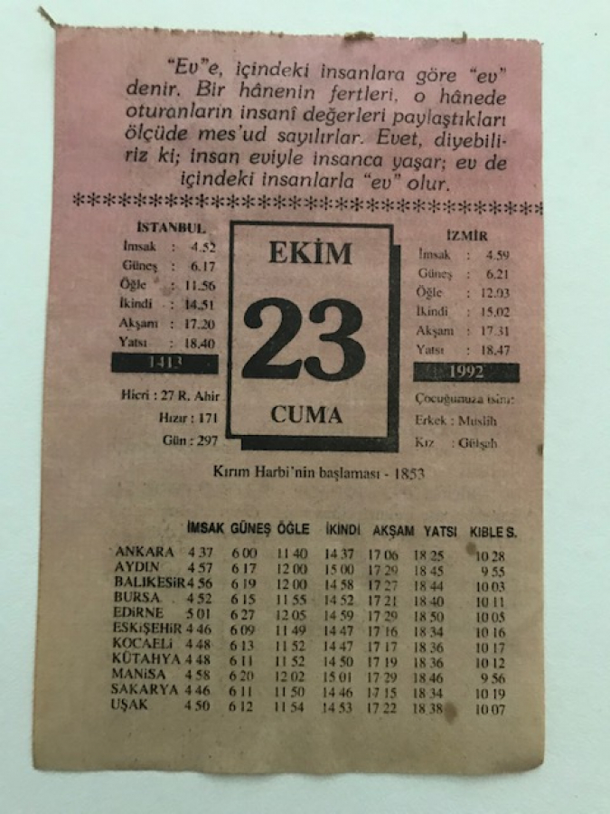 23 EKİM 1992 CUMA GÜNÜNE AİT TAKVİM YAPRAGI