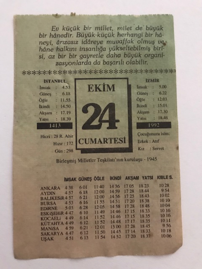 24 EKİM 1992 CUMARTESİ GÜNÜNE AİT TAKVİM YAPRAGI