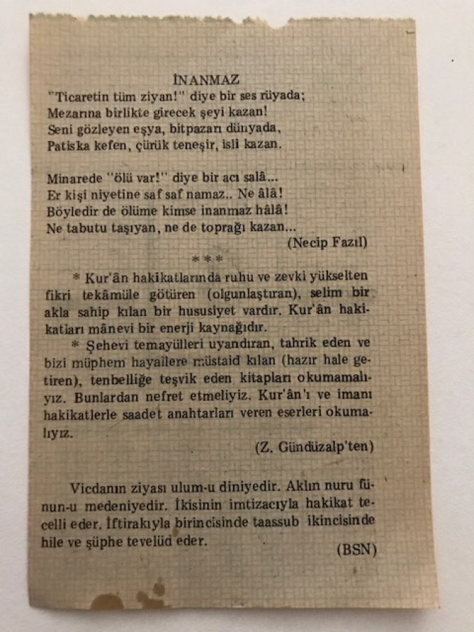 3 ARALIK  1992 PERŞEMBE GÜNÜNE AİT TAKVİM YAPRAGI