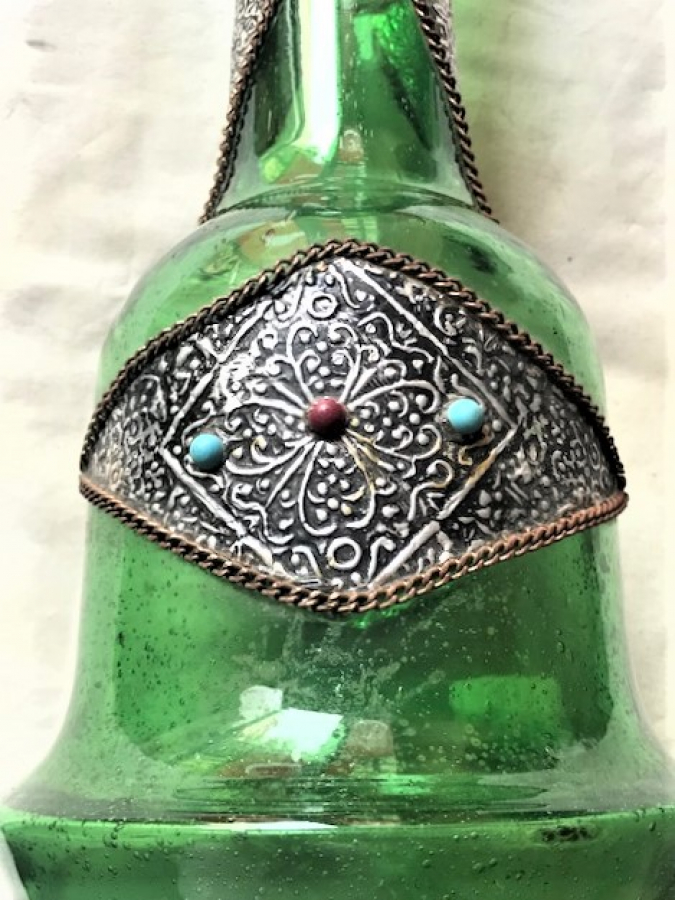 NARGİLE YEŞİL CAM ŞİŞE DIŞI BAFON FOLYA ROLYEF İŞCİLİKLİ VE BONCUK İŞLEMELİ