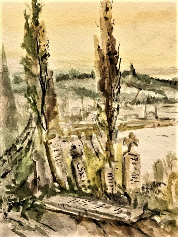 ŞÜKRÜ CAGLAYAN İMZALI RESİM EYÜPDE OSMANLI MEZARLARINDAN HALİÇ  SULUBOYA TABLO