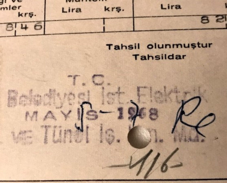 MAYIS 1968 BAKIRKÖY DELİKLİ KARTON ÖDENMİŞ PULLU ELEKTİRİK MAKBUZU 