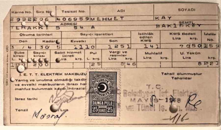 MAYIS 1968 BAKIRKÖY DELİKLİ KARTON ÖDENMİŞ PULLU ELEKTİRİK MAKBUZU 