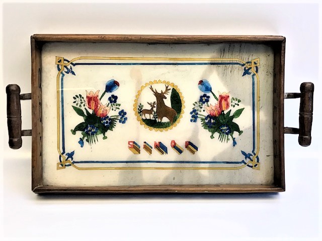 SİNOP CEZA EVİ İŞİ EL YAPIM CAM EL BOYAMA CİCEK GEYİK MOTİFLİ KUPLU TEPSİ