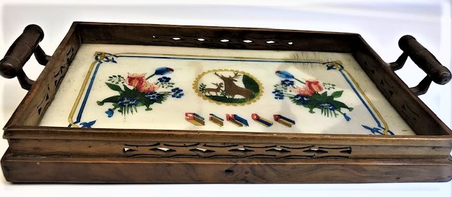 SİNOP CEZA EVİ İŞİ EL YAPIM CAM EL BOYAMA CİCEK GEYİK MOTİFLİ KUPLU TEPSİ