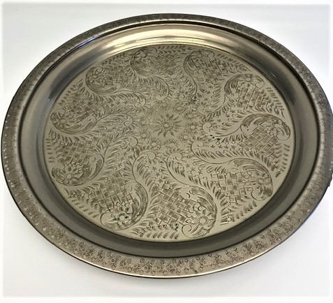 OSMANLI 3 AYAKLI GÜMÜŞ KAPLAMA  ÜZERİ KOMLE EL KALEM İŞİ  TAM  41 CM CAPINDA YUVARLAK TEPSİ