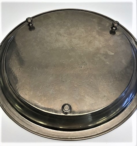 OSMANLI 3 AYAKLI GÜMÜŞ KAPLAMA  ÜZERİ KOMLE EL KALEM İŞİ  TAM  41 CM CAPINDA YUVARLAK TEPSİ