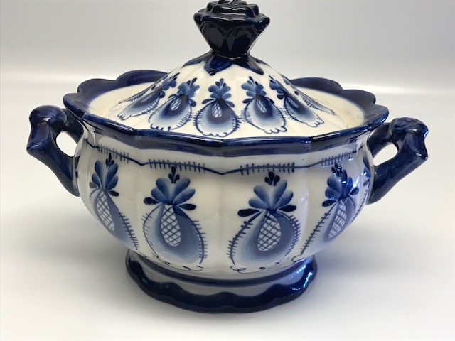 RUS CARLIK DÖNEMİ PORSELEN MAVİ BEYAZ KAPAKLI KASE RUSSİAN  BLUE WHİTE