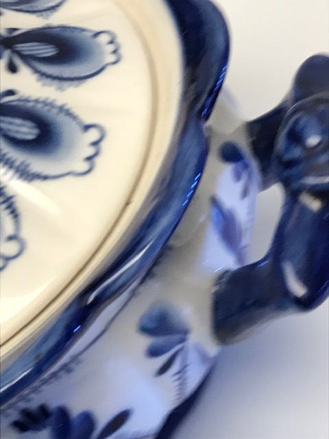 RUS CARLIK DÖNEMİ PORSELEN MAVİ BEYAZ KAPAKLI KASE RUSSİAN  BLUE WHİTE