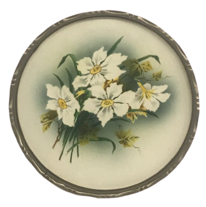 TAŞ TEPSİ YUVARLAK FORMDA GÖBEK CİCEKLİ EL BOYAMA KENARLAR PİRİNC TESTERE EL İŞİ