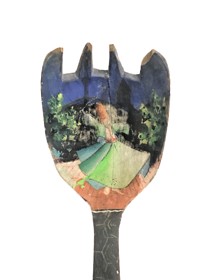 1960 KONYA YADİGARI MEVLANA VE TURBE  TAVSİRLİ EL BOYAMA TENEKE METAL CEPLİ AHŞAP TAHTA   KAŞIK CATAL SAPLAR YAZILI