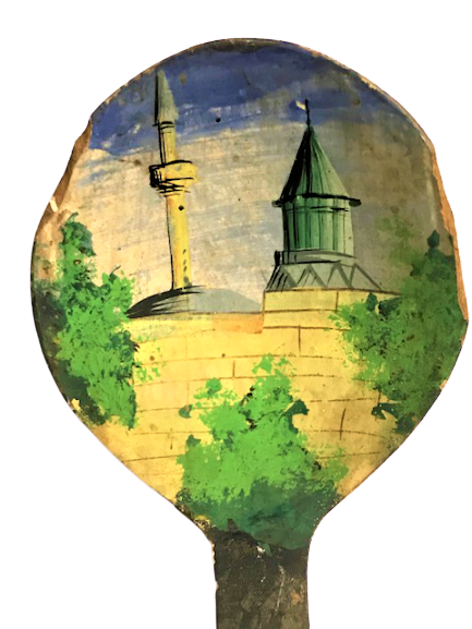 1960 KONYA YADİGARI MEVLANA VE TURBE  TAVSİRLİ EL BOYAMA TENEKE METAL CEPLİ AHŞAP TAHTA   KAŞIK CATAL SAPLAR YAZILI