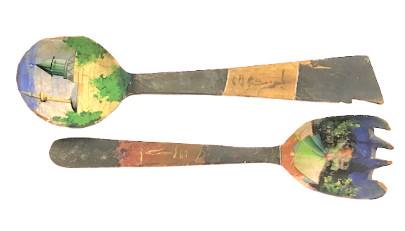 1960 KONYA YADİGARI MEVLANA VE TURBE  TAVSİRLİ EL BOYAMA TENEKE METAL CEPLİ AHŞAP TAHTA   KAŞIK CATAL SAPLAR YAZILI